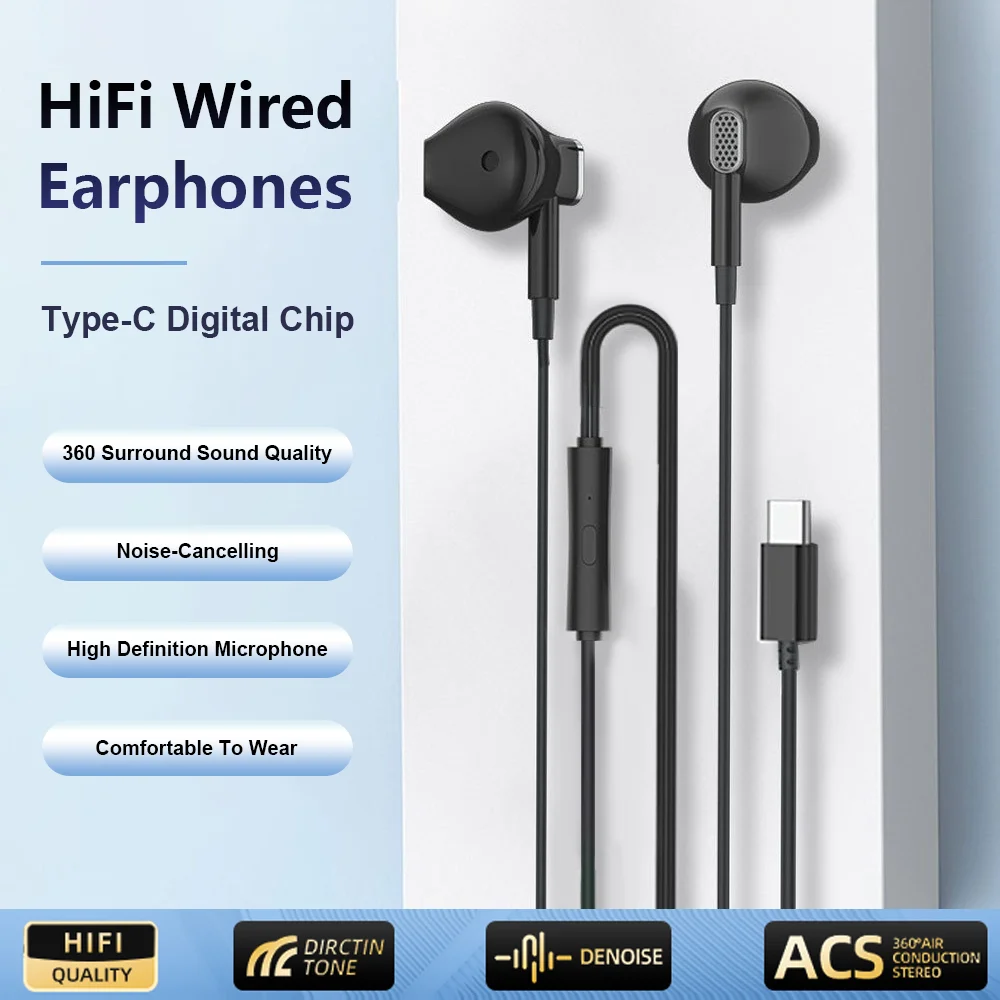 Type C Wired Headphones With Microphone 9D HiFi Stereo Earphones Music Headset  For Samsung Galaxy S25 24 Ultra iPhone 17 16 Pro
