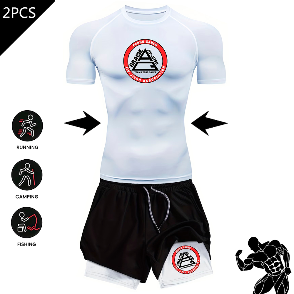 Kit 2 em 1 Camiseta e Short Compressão Jiu jitsu Artes Marciais Tatami Gym Fitness Academia Luta UFC Venum Confortável