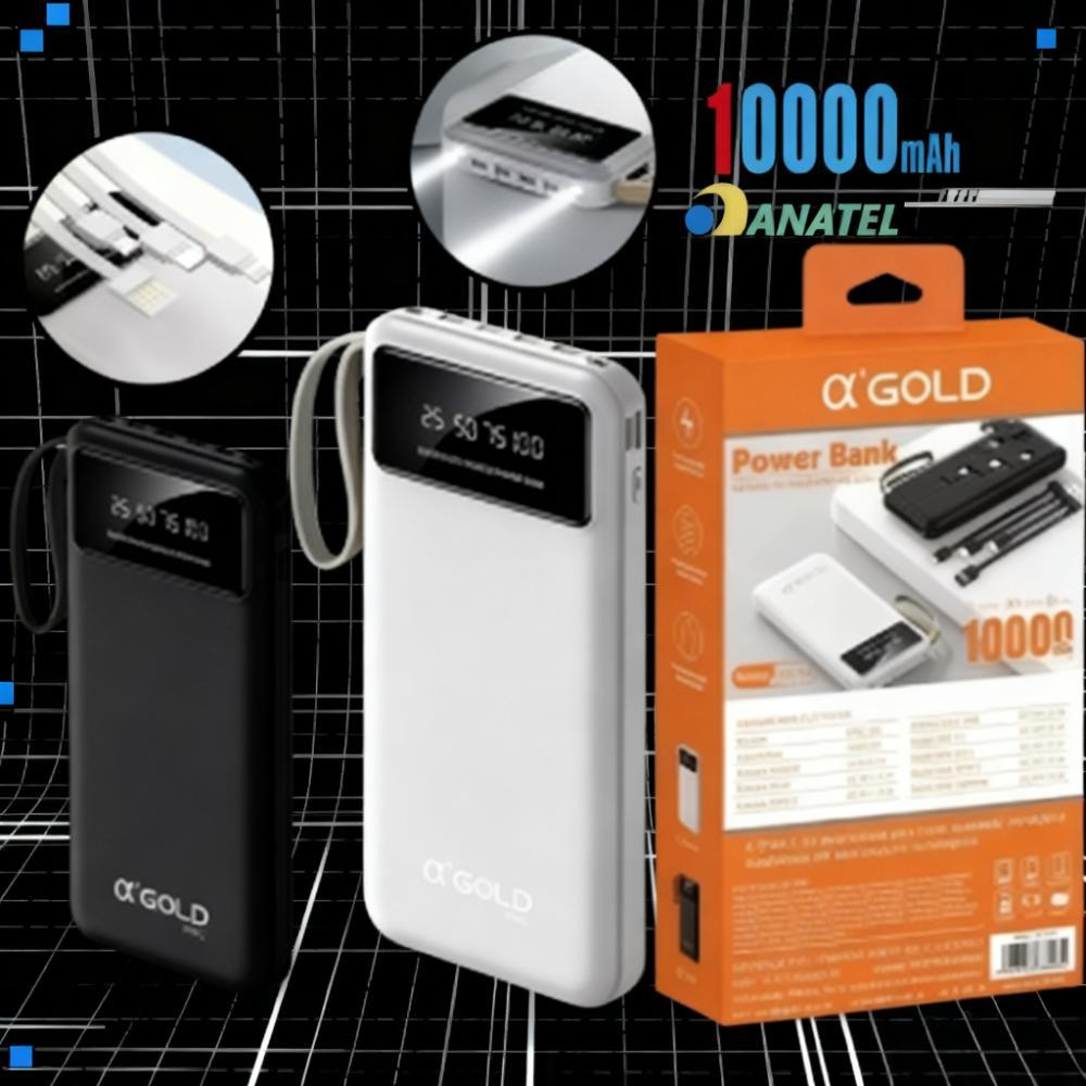 Carregador Portátil Power Bank A'gold 10000mAh - Com Lanterna, Visor e Suporte para Celular BTE-18A