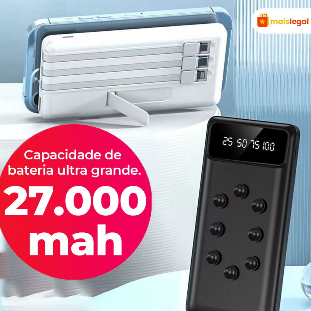Ventosa de Polvo Desmontável com Power Bank de 27000mAh e Suporte para Celular