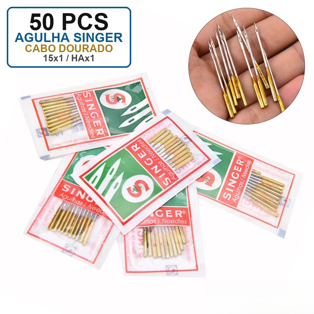 Kit 50 Agulhas para Máquina de Costura Doméstica Singer 2020 Universal Cabo Dourado 15x1 HAX1 130/705H Brother Janome