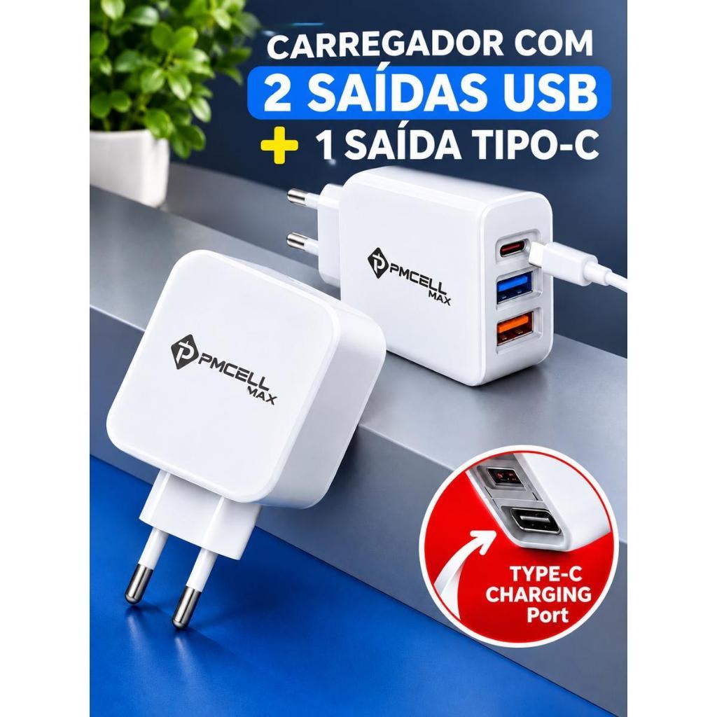 tomada carregador de cecular e acessorio  qualidade QUICK CHARGE TURBO cargamento rapido  com 3 Saída (2USB1tipoC