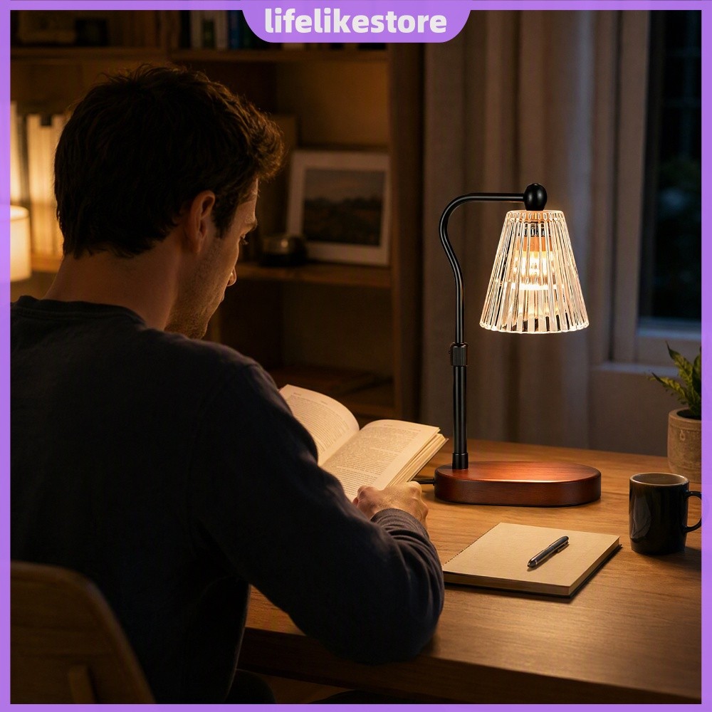 Base De Madeira Natural Luz Noturna Retrô Sombra De Vidro Âmbar Ajustável Decoração De Quarto Quente [lifelikestore.br]