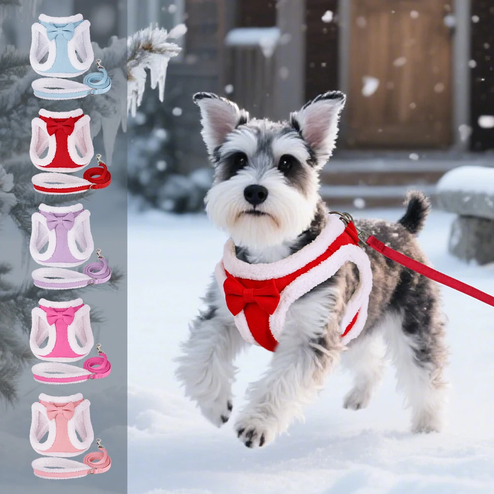 Soft Dog Harness Leash Set Adjustable Dog Harnesses With Cute Bowtie Accessories Warm Winter Pet Vest Lead for Small Medium Dogs