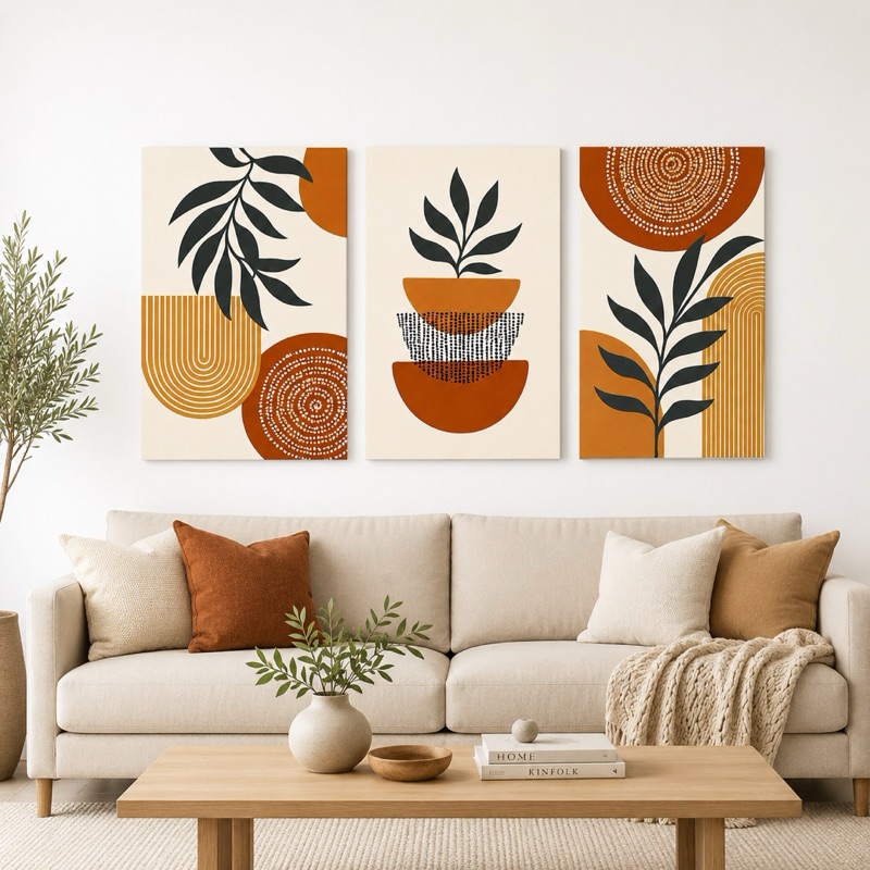 Quadro Decorativo 3 Peças Folhas de Plantas Tropicais em Estilo Boêmio Decoração Para Casa