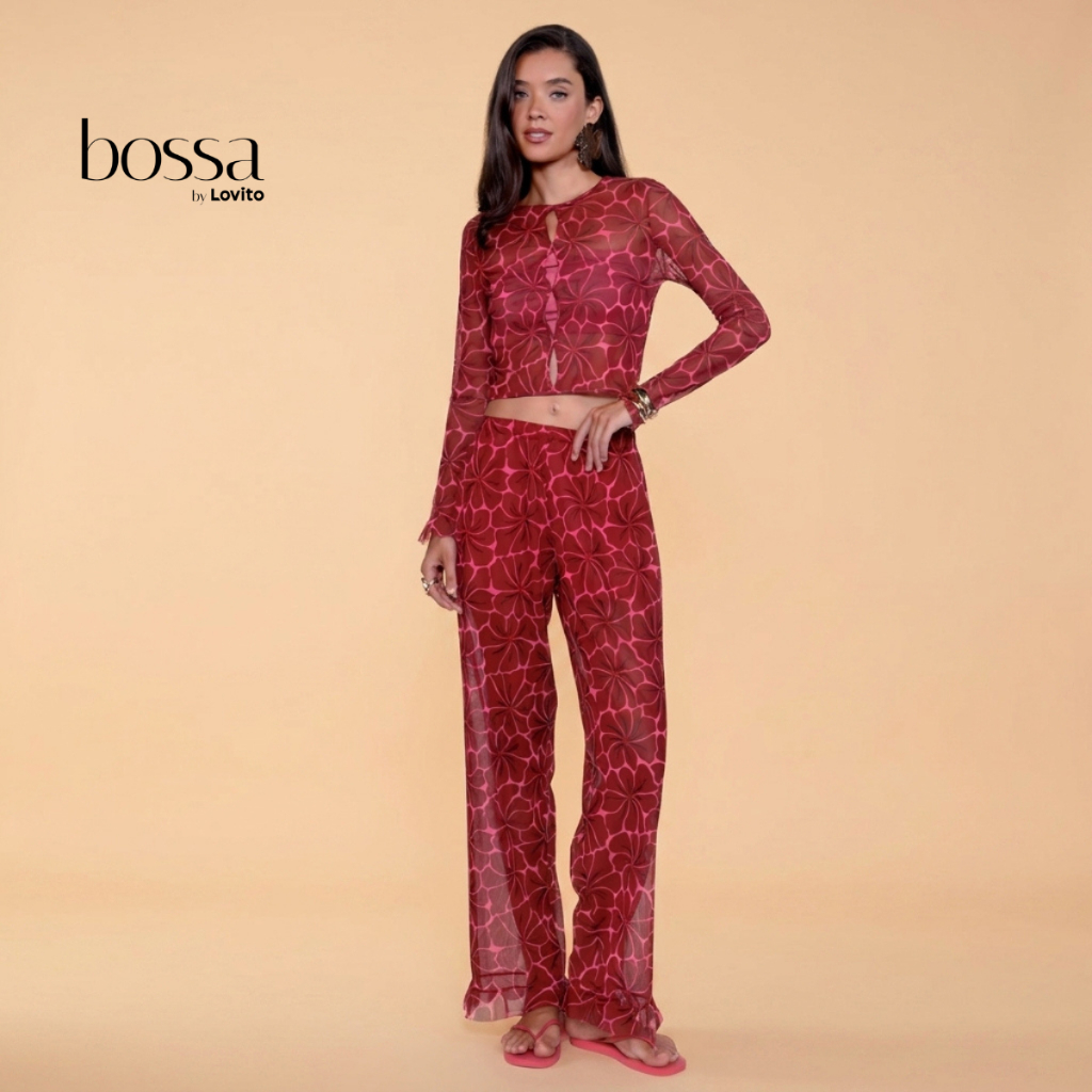 Lovito Bossa l Calça em Tule Estampa Floral Vermelha e Rosa Babados na Barra PTB15761606