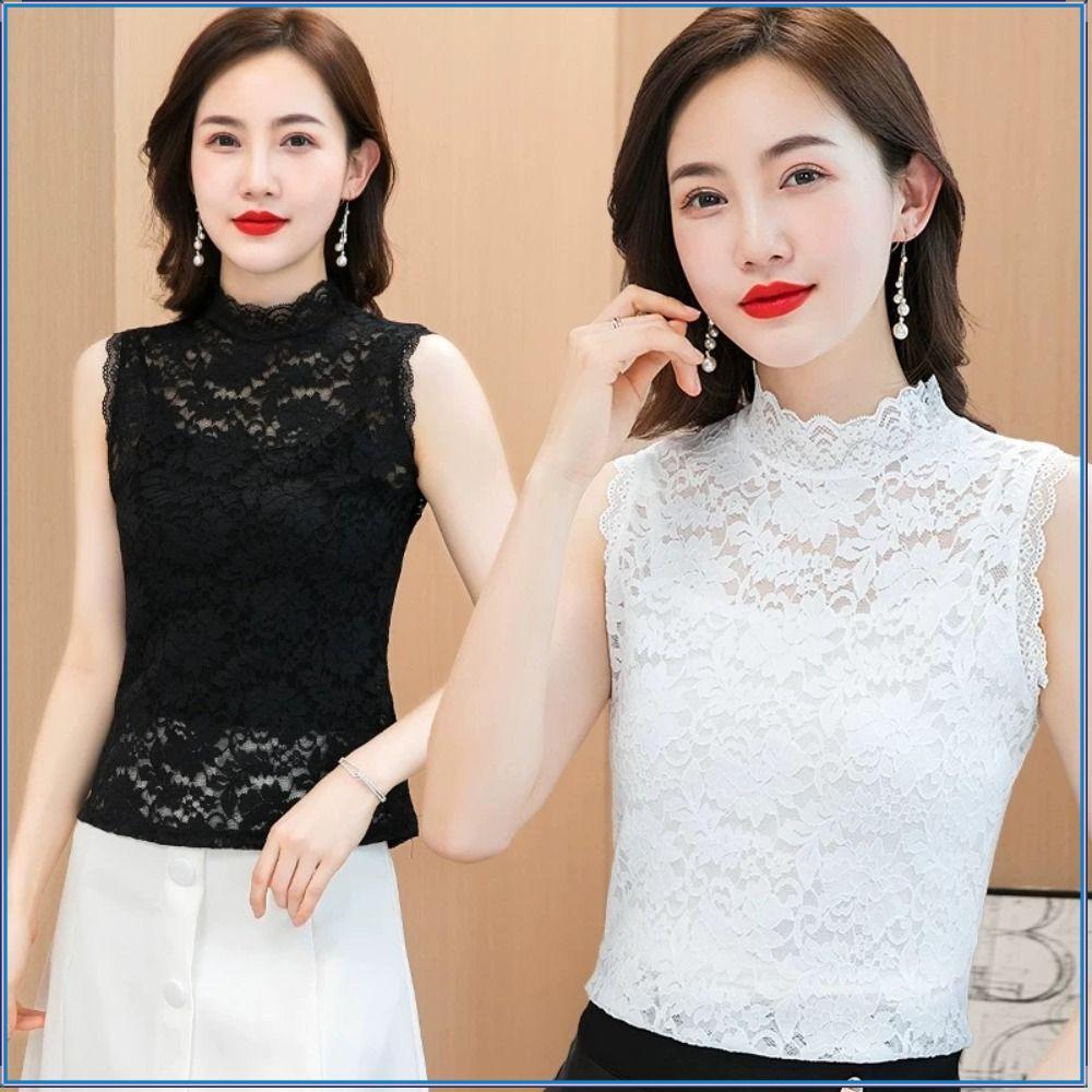 Regatas Florais , Camisa De Renda Elástica L-3XL , Elegante Preto Branco Meia Gola Alta Camiseta Feminina Meninas