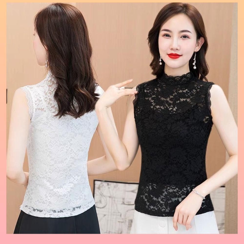 Regatas Florais , Camisa Elástica De Renda Preta E Branca , Elegante L-3XL Meia Gola Alta Camiseta Feminina Meninas