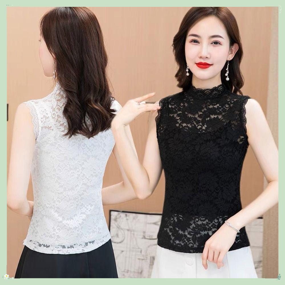 Regatas Florais , Camisa De Renda De Meia Gola Alta Preta E Branca , Camiseta Elástica Elegante L-3XL Feminina