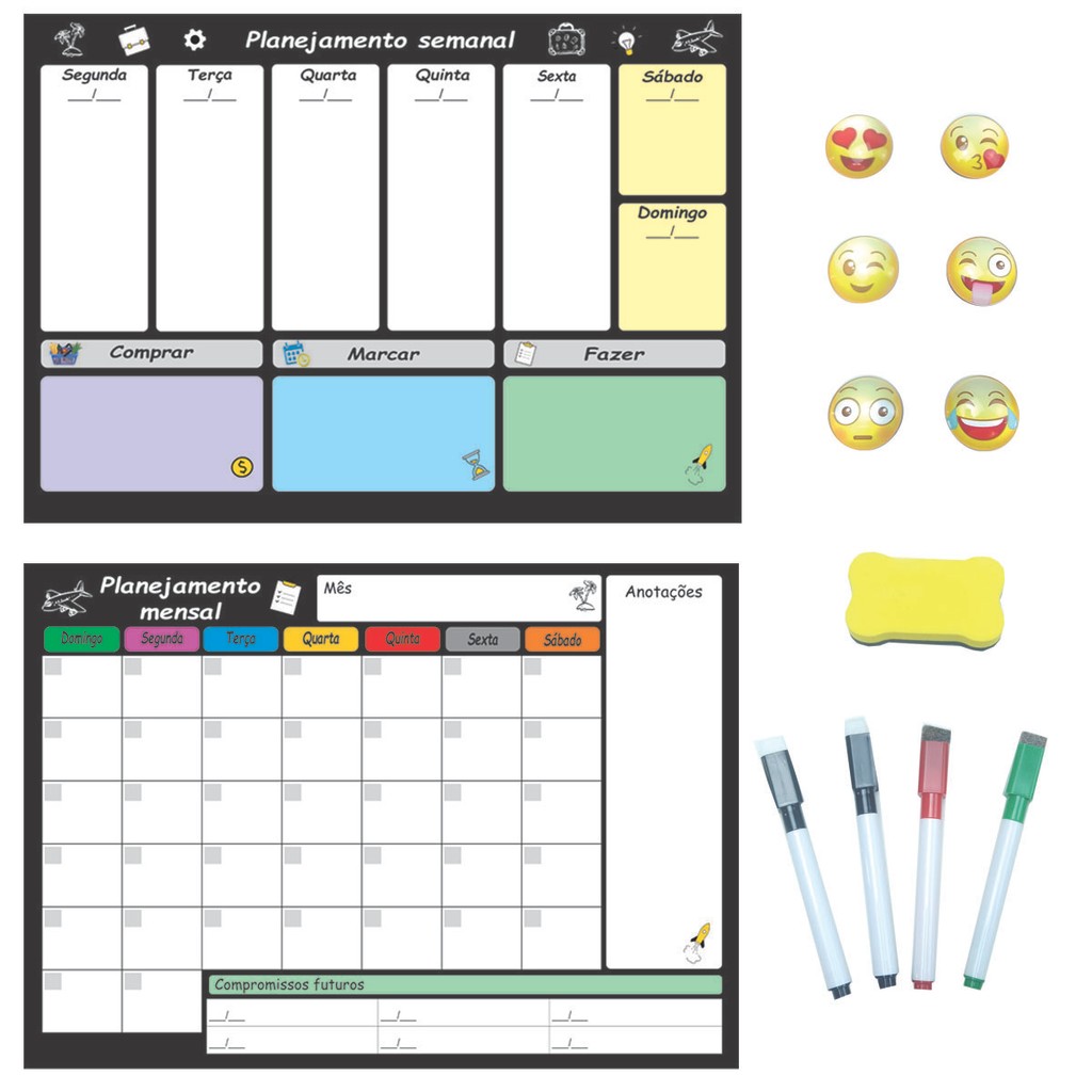 Kit Planejador Mensal E Semanal Magnético Geladeira Com 4 Canetas Apagador Emoticons Com Imã Planner Compromissos Dieta