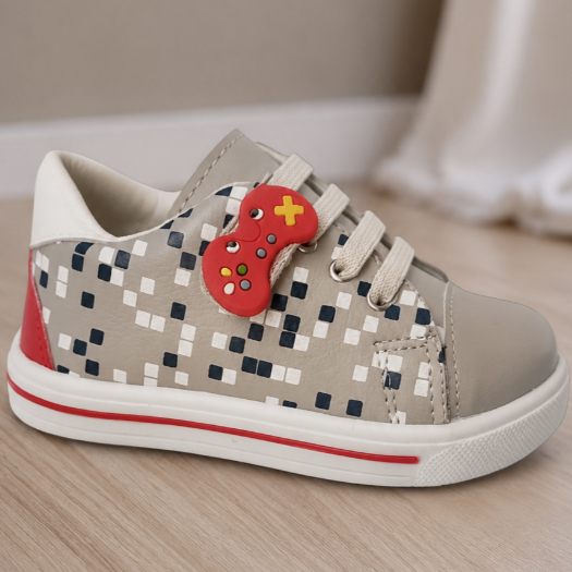 Tênis Infantil Menino Bege Gamer com Detalhe da Controle 3D em Velcro Escolar Facil de Calçar Casual
