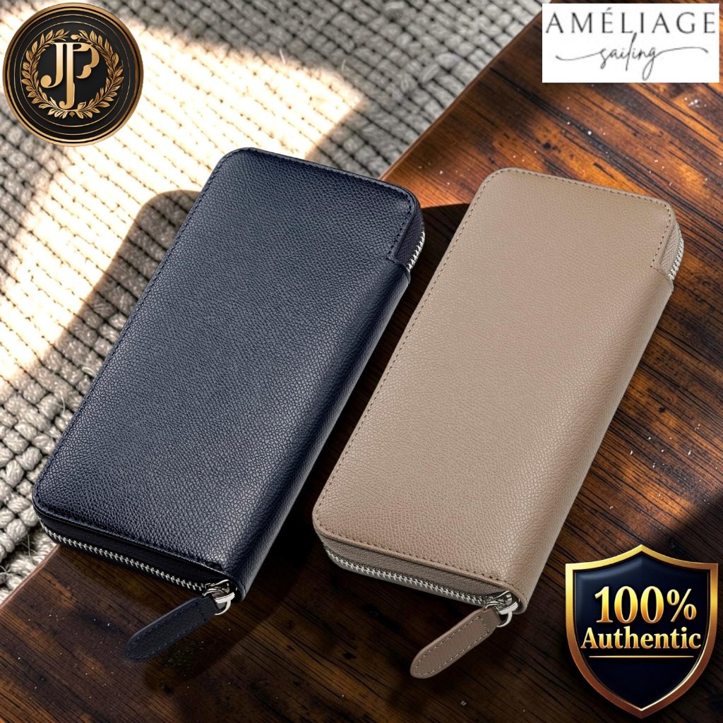 [améliage] Men’s Long Wallet – Genuine Himeji Leather, Zip-Around, Slim Design, French-Made Zipper