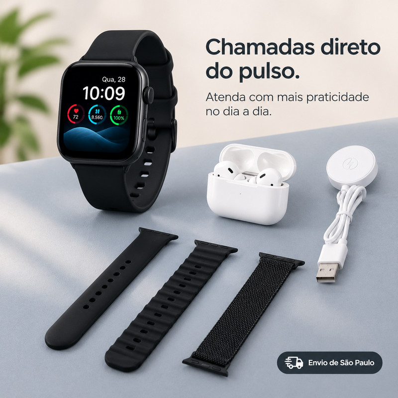 [OneEscolha] Opções: Smartwatch + Conjunto de Fones de Ouvido, Multifuncional, iOS & Android, Design Refinado