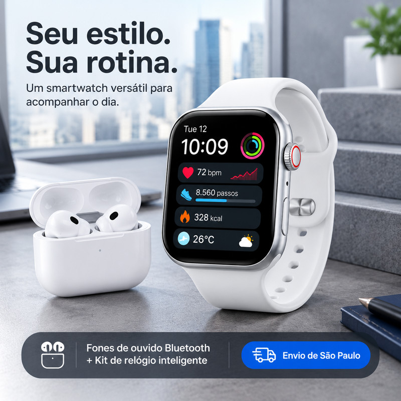 [OneEscolha] Modelos com: Conjunto de Fones + Relógio Inteligente, iOS & Android, Design Refinado, Tela Tátil HD