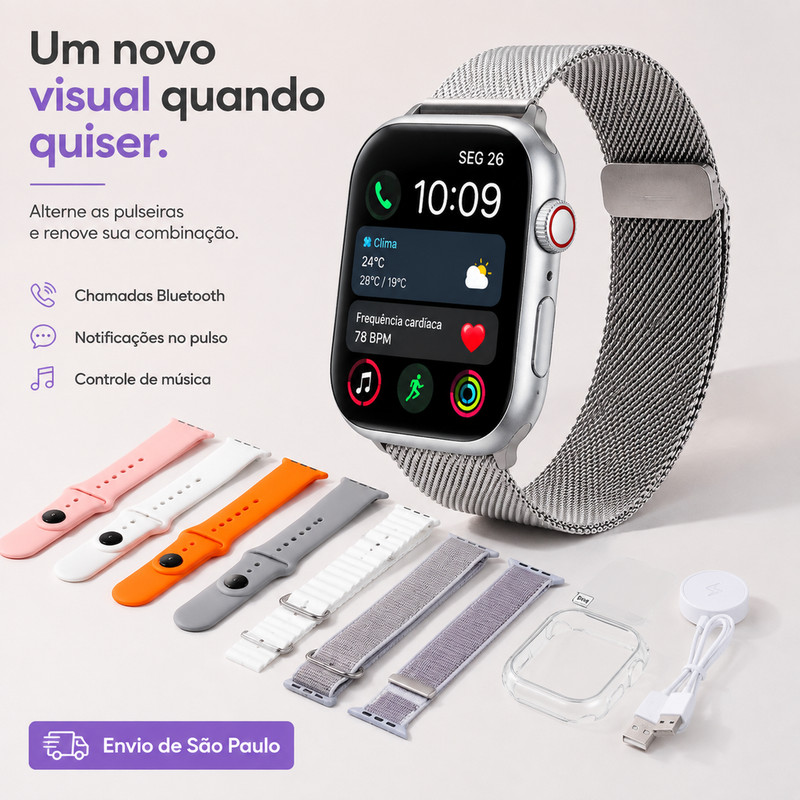 [OneEscolha] Modelos com: [7 Pulseiras+] Smartwatch com Pulseiras para Trocar, Carregamento sem fio, iOS & Android
