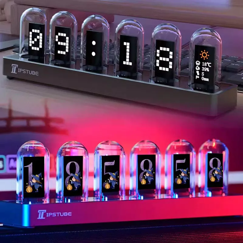 RGB Nixie Tube Clock LED Glows IPS Color Screen DIY Analog Digital Tube Night Lights Gaming Desktop Home Decoration Gift Idea