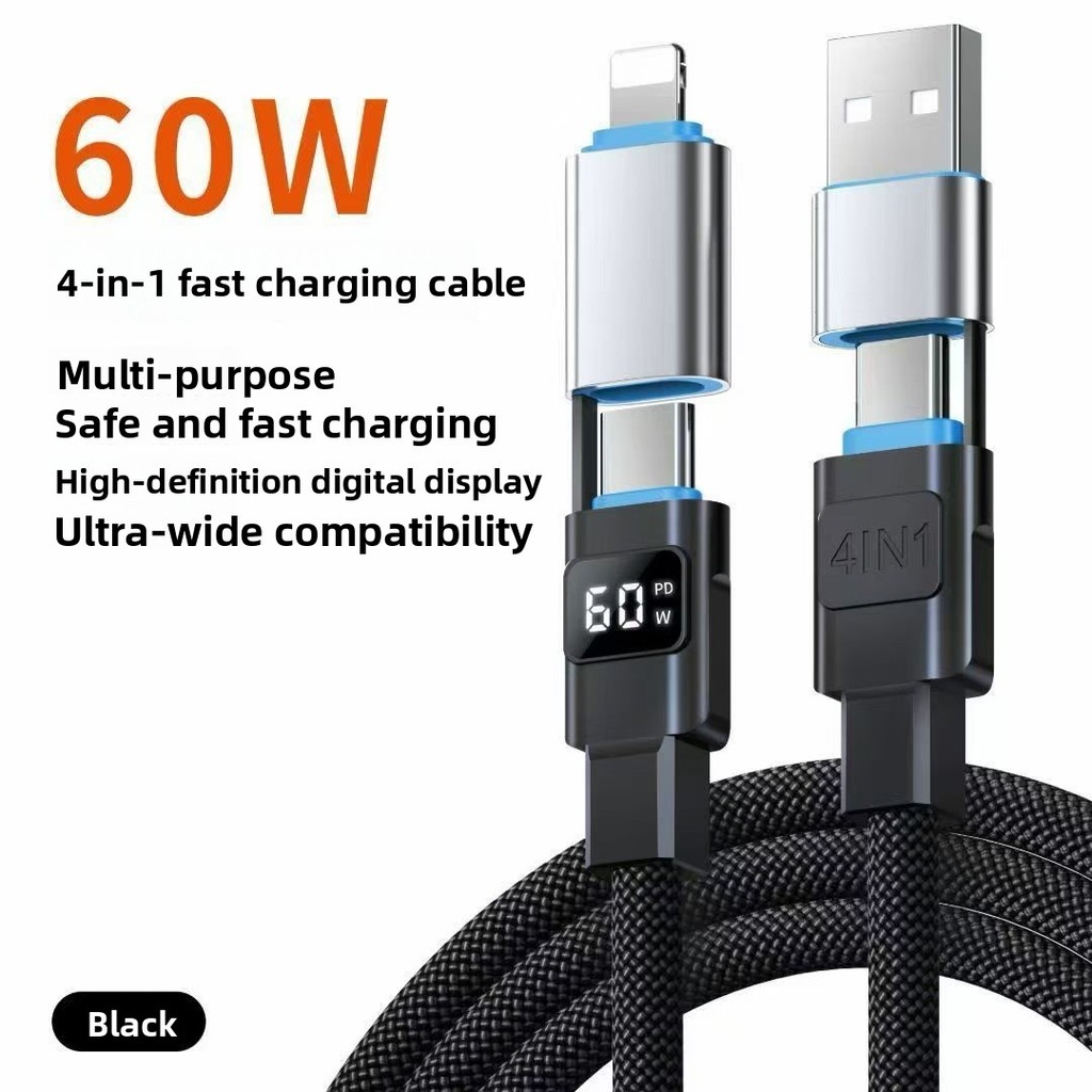 Cabo De Dados 4 Em 2 De 60 W De Carregamento Super Rápido USB Para Tipo C Com LED IPhone16 15 14 XIAOMI HUAWEI