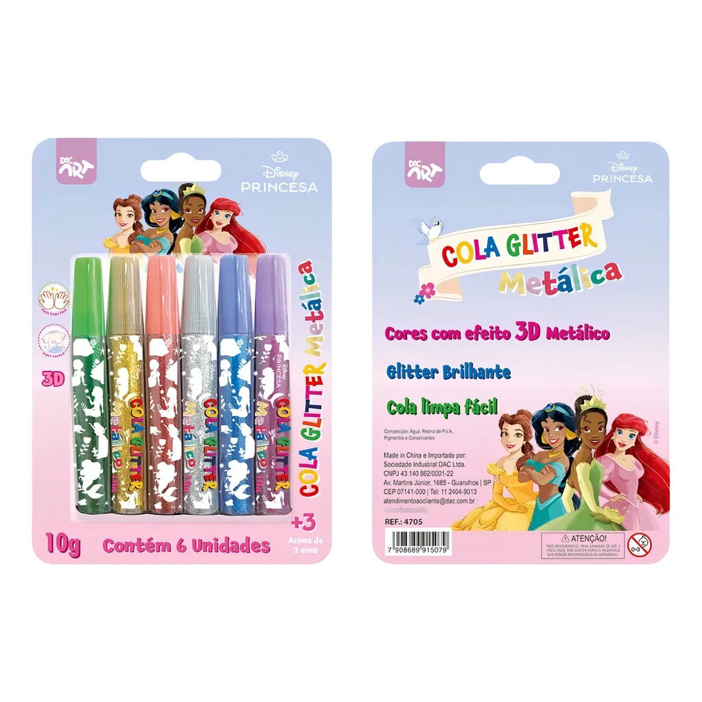 Cola Metálica Glitter C/ 6 Cores 3d Princesas - Dac Multi-colored