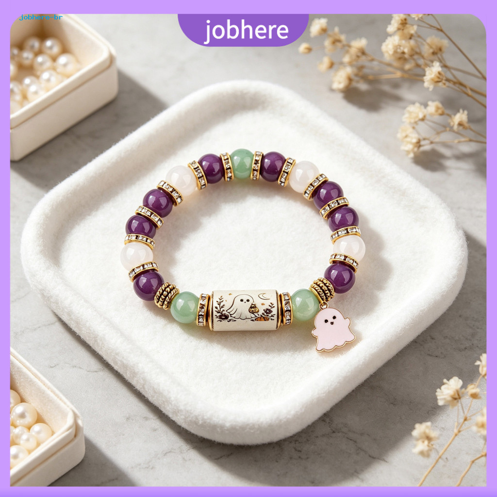 Elastic Ghost Pumpkin Charm Jewelry Multi Colored Round Bead Halloween Beaded Bracelet Cute Stretch for Women Vintage St