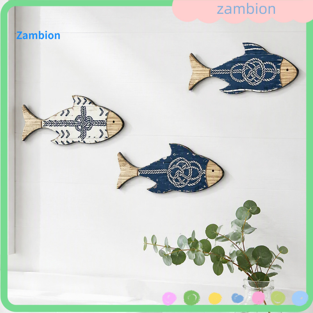 Nautical Wall Decor Small Fish Hangings 3pcs Wooden Set Knot Coastal Style Art for Beach House Bathroom Bedroom Decorati