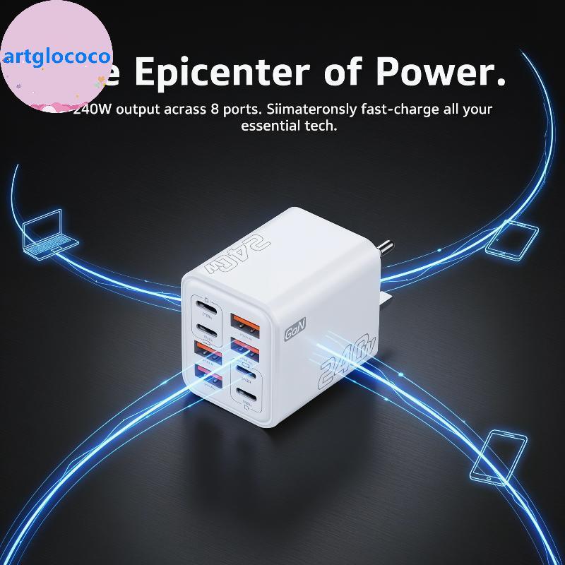 Artglococo 240W GaN USB C Carregador 8 Portas Multidispositivo Carga Rápida Power Hub Para Telefone Tablet Portátil Viag