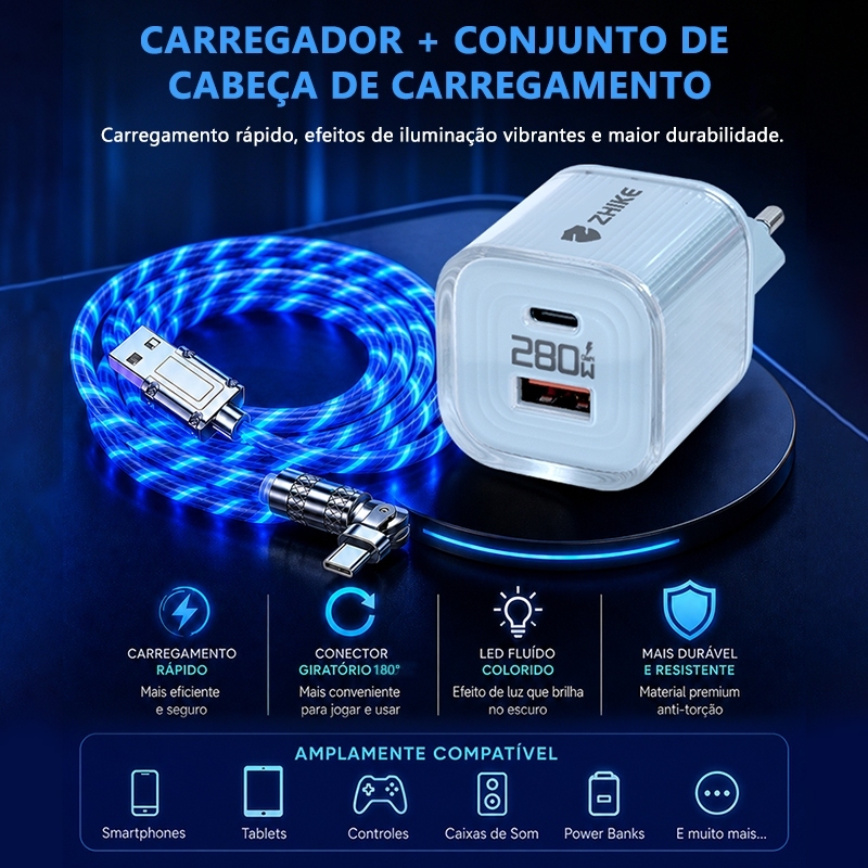 Kit Carregador Celular Carregamento Rápido ZHIKE Cabo Tipo C V8 iP Dados Fonte GaN 2 Portas Para Power Delivery 1,0M