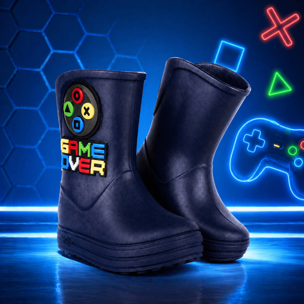 Galocha Infantil Acqua Plugt Menino Jogo Game Over Controle Preto Marinho Impermeável Confortável