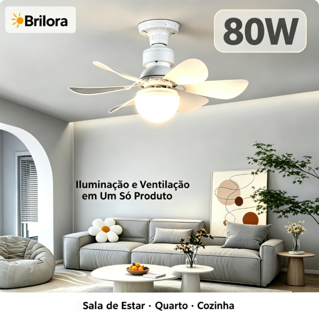 Ventilador de Teto Turbo Silencioso Oval 80W 6 Pás LED 3 Cores E27 Controle Função Timing Bivolt