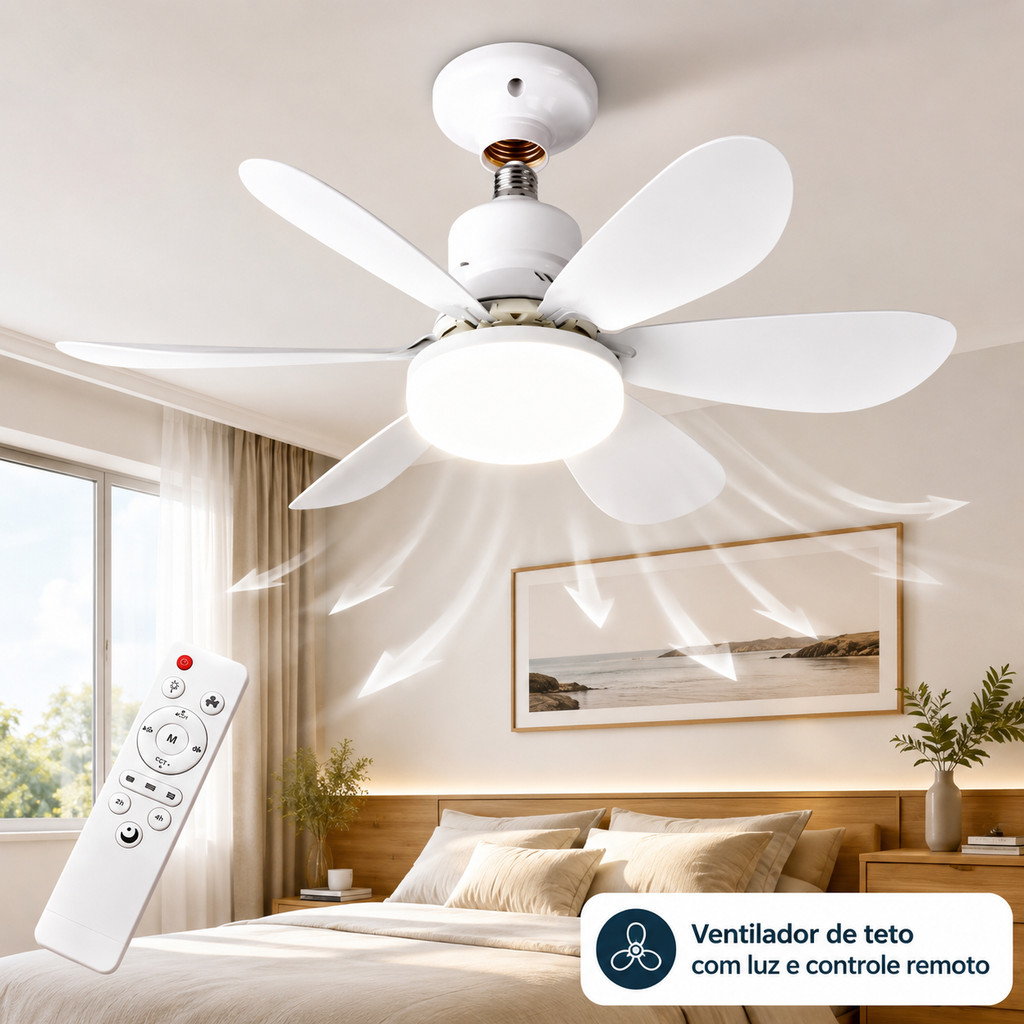Ventilador de Teto Turbo Silencioso Oval 60W/80w 6 Pás LED 3 Cores E27 Controle Função Timing Bivolt