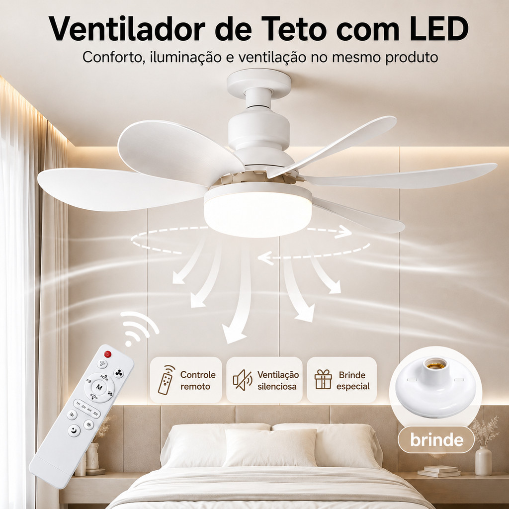 Ventilador de Teto Turbo Silencioso Oval 6 Pás LED 3 Cores E27 Controle Função Timing Bivolt