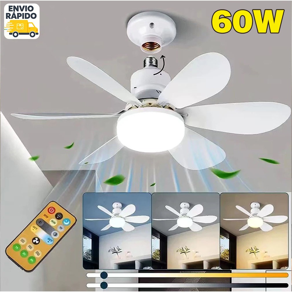 ✈️Envio Rápido｜Ventilador Teto Oval 60W 6 Pás LED 3Cores Controle Timer Bivolt