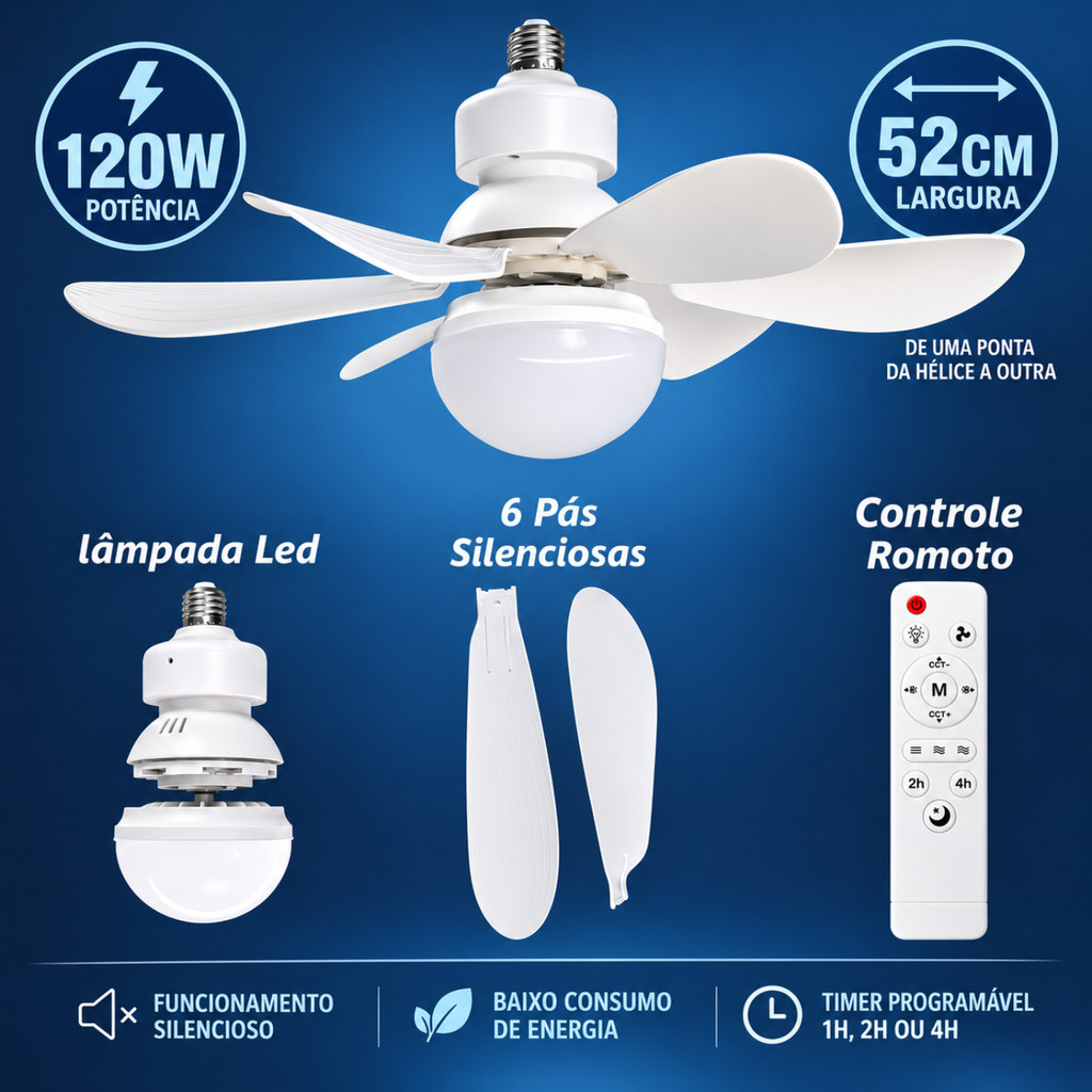 Ventilador De Teto Branco 120w 52cm Led Silencioso 3 Modos Cupula Oval