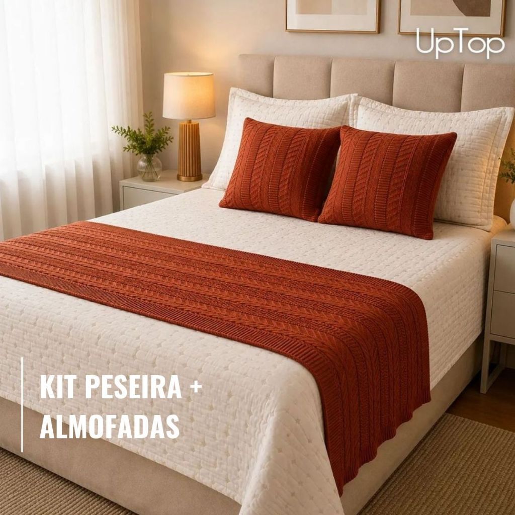 Kit Peseira Manta Tricot com 2 Capas Almofadas Decoração Cama Posta Casal Queen King