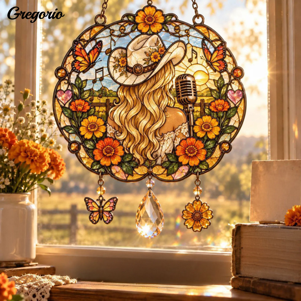 Sun Catcher for Windows Acrylic Hanging Ornaments Retro Cowgirl Microphone Stained Glass Style Suncatcher 2d Flat Window