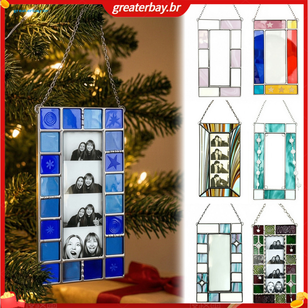 Acrylic Photo Frame Light Catcher with Chain Retro Stained Glass Style Hanging Ornament Transparent Window and Wall Deco