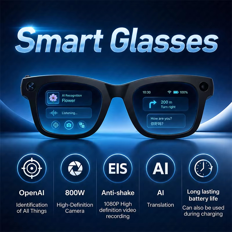 Óculos Inteligentes 800W Câmera HD Reconhecimento AI Tradução EIS Anti Vibração Gravação De Vídeo Bluetooth Áudio Das Mu