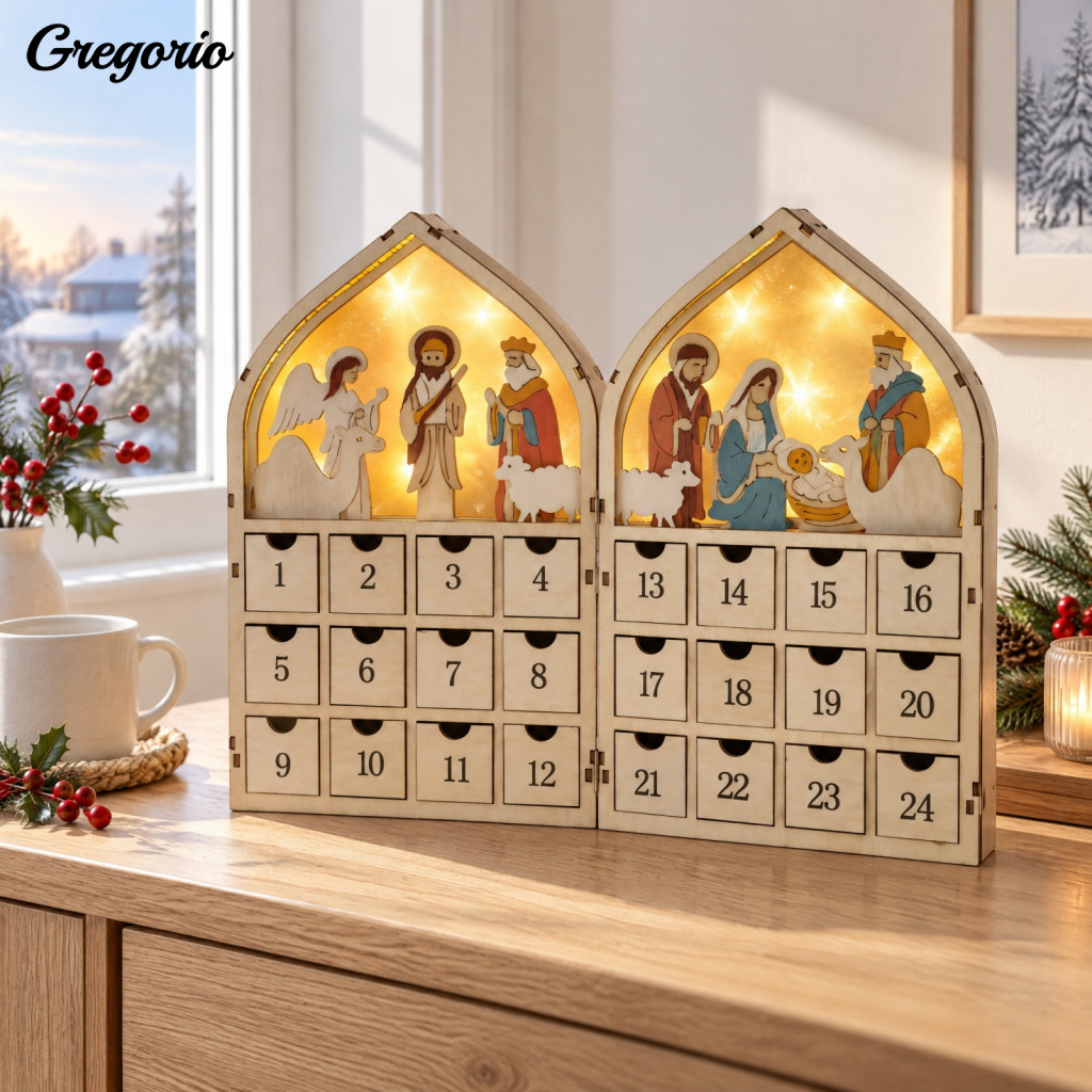 Nativity House with Led Christmas Advent Calendar 24-day Wooden Lights Foldable Countdown House-shaped for Festive