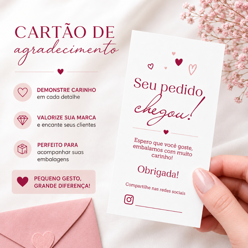 Cartão de Agradecimento para Cliente | Seu pedido chegou | Tag Mimo para Embalagem Pedido Loja 5x9cm