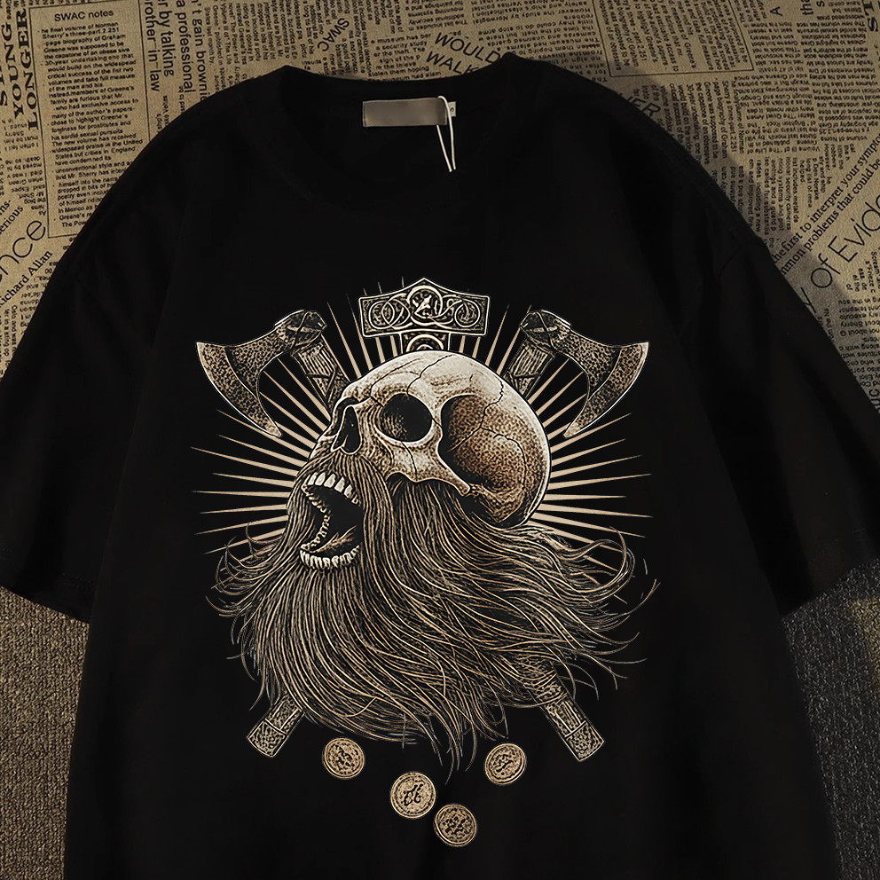 Camiseta Preta Oversized Unissex Caveira e Machados Viking Moda Streetwear Dark Nordic T-shirt