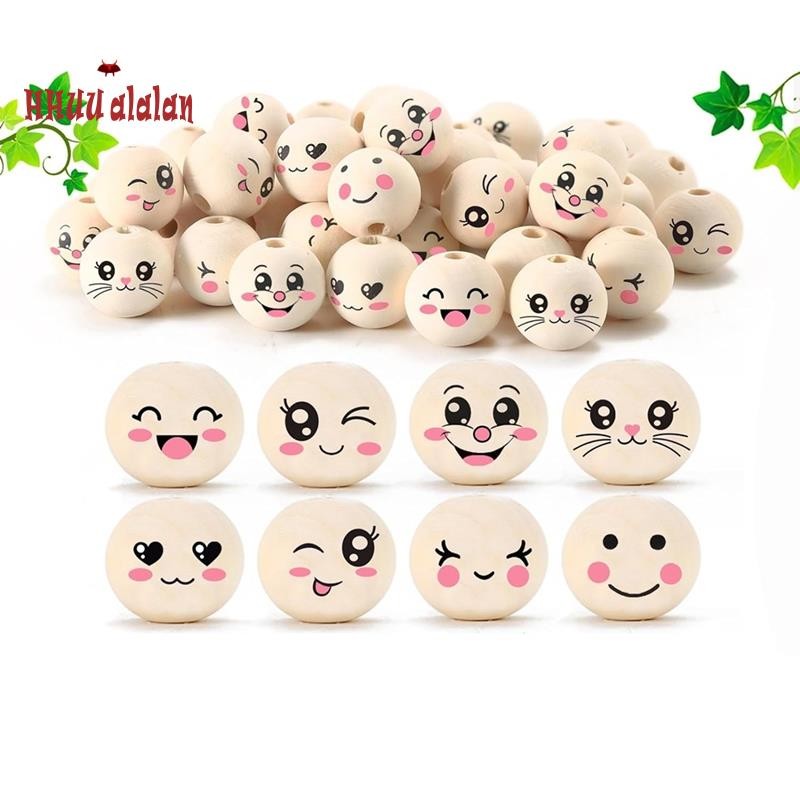 🌟8 Estilos De Contas De Madeira Com Rosto 20 mm Sorriso Natural Redondas Furo Pacote De 80