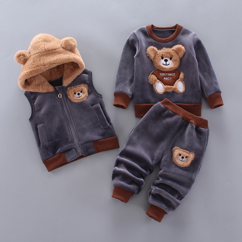 Venda quente Menino Desenhos Animados Urso Conjuntos de Inverno Sweater + Vest + Calças Crianças Moda 1-4 anos