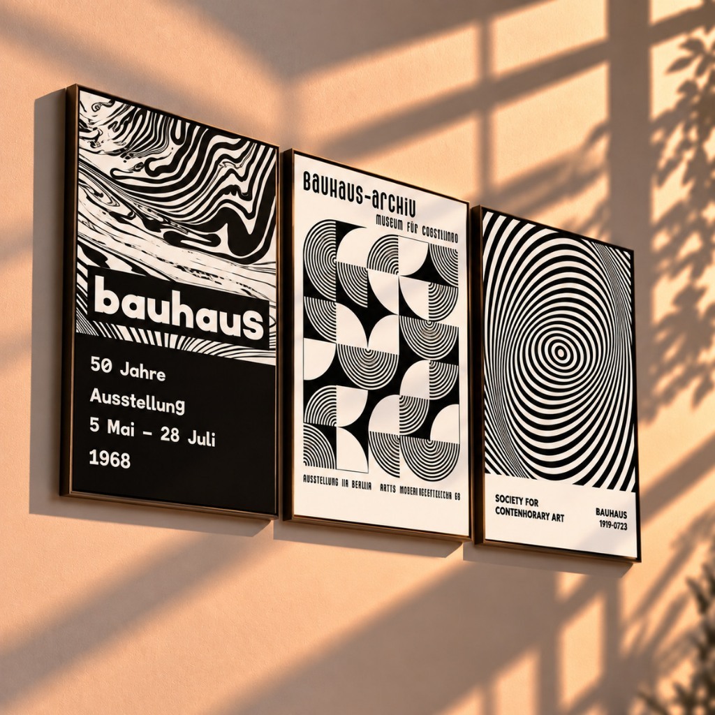 Quadros decorativos Preto e Branco Bauhaus (3 peças)