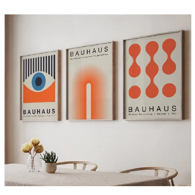 Quadros decorativos Bauhaus-Cartazes abstratos laranja e impressões, Geométrica Retro  (3 peças)