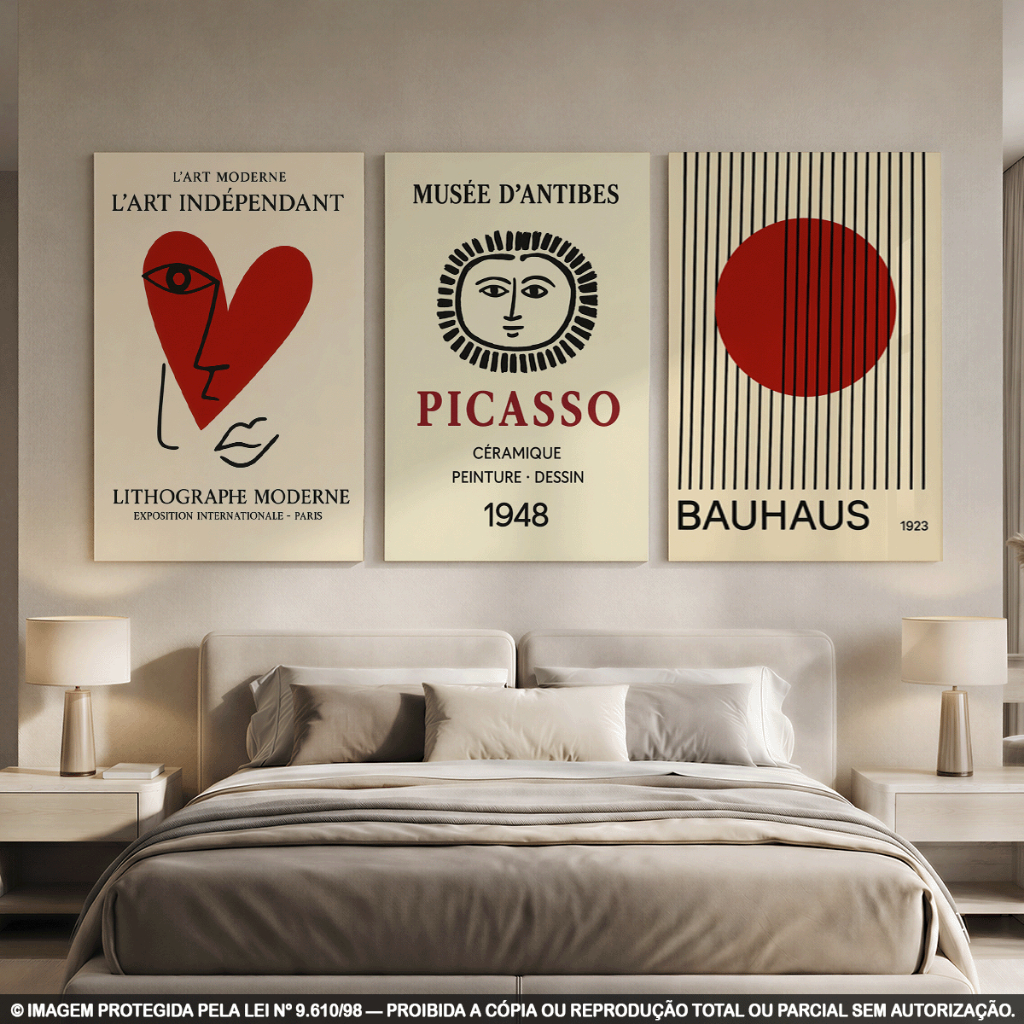 Kit 3 Quadros Decorativos Picasso, Bauhaus e Arte Moderna | Estilo Retrô Minimalista | Decoração Moderna em MDF 3mm