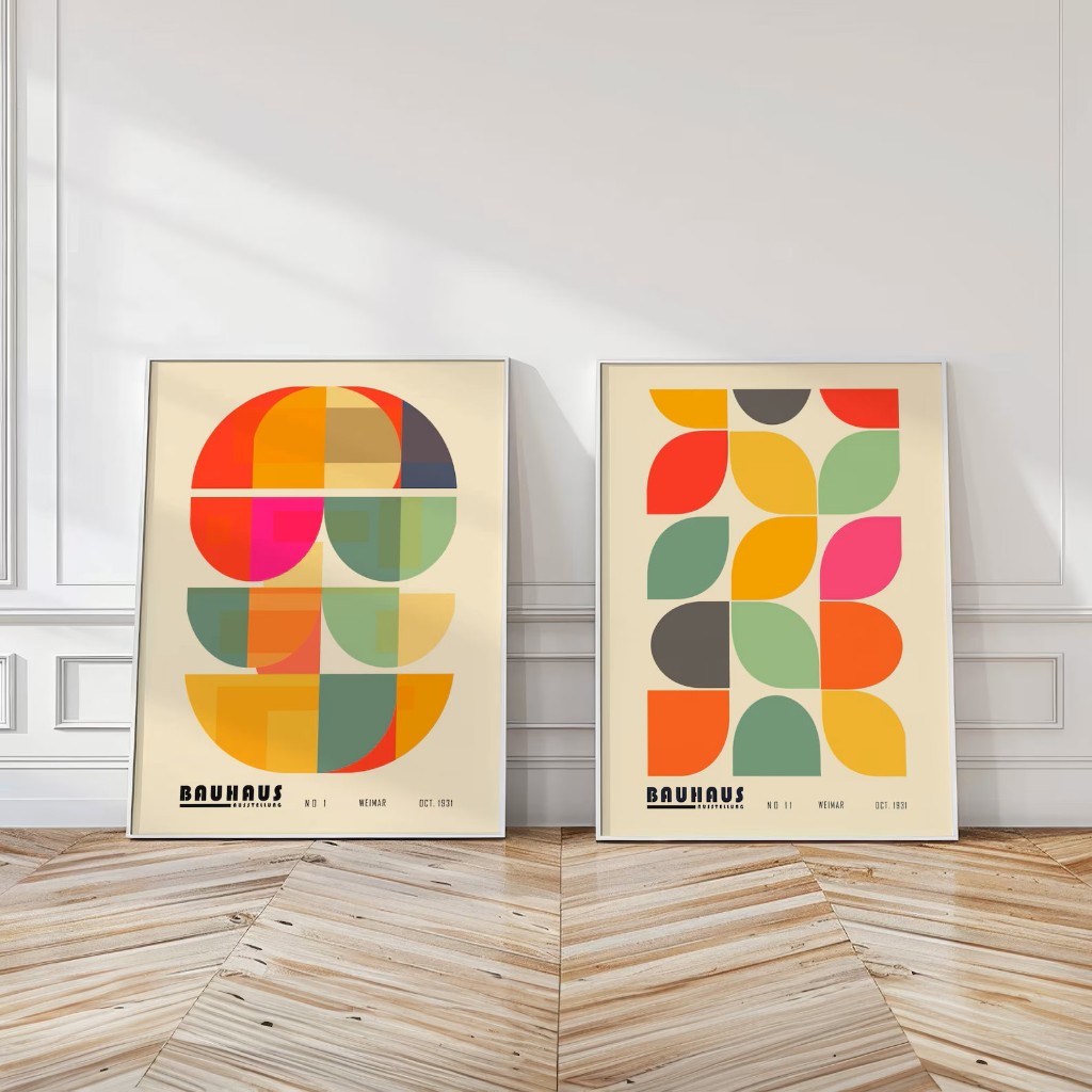 Kit 2 Quadros Decorativos Moderno Bauhaus Para Sala, Quarto ou Escritório – Harmonia Das Cores No1