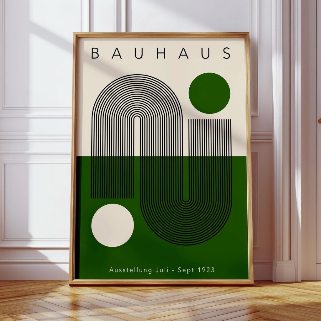 Quadro Decorativo Geométrico Moderno Bauhaus Para Sala, Quarto ou Escritório – Verdes e Linhas No1