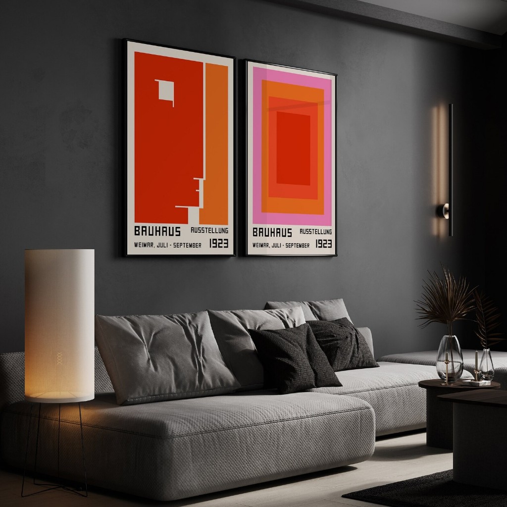 Kit 2 Quadros Decorativos Geométrico Moderno com Moldura Bauhaus – Face e Contorno No1