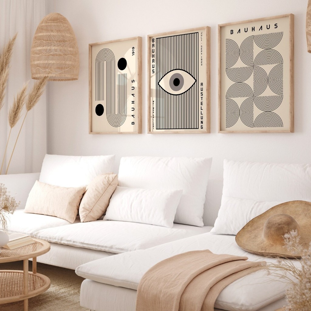 Kit 3 Quadros Decorativos Geométrico Moderno com Moldura Bauhaus – Contornos No1