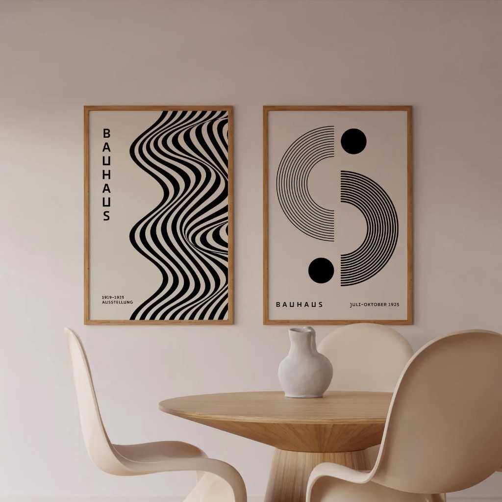 Kit 2 Quadros Decorativos Geométrico Moderno com Moldura Bauhaus – Composição Bauhaus No1