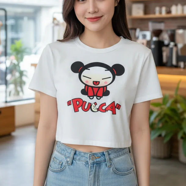 Blusa Cropped Oversized Feminino Desenho Pucca Moda Cute Japanese Cartoon Anos 2000 Garu